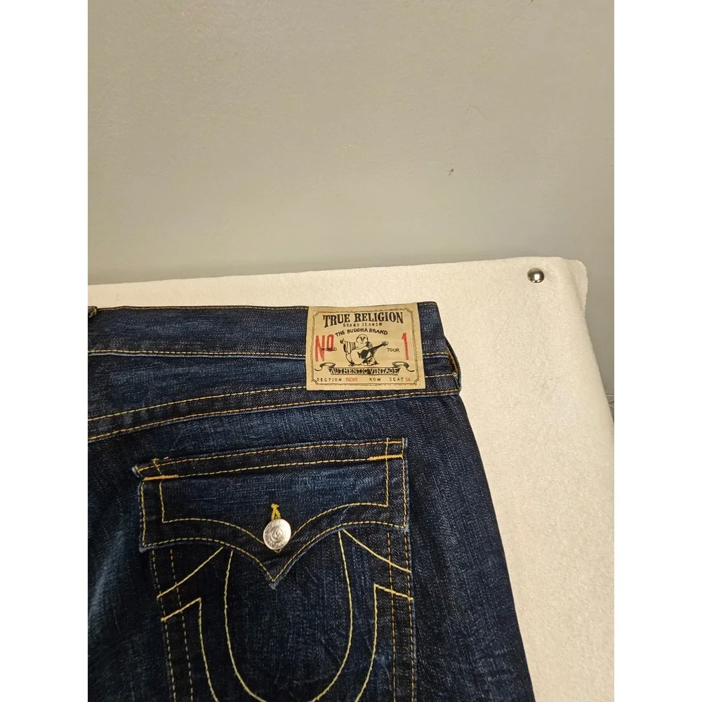 True‎ Religion Ricky Straight Leg Jeans Mens 44x34 Dark Wash FLAP USA Distressed